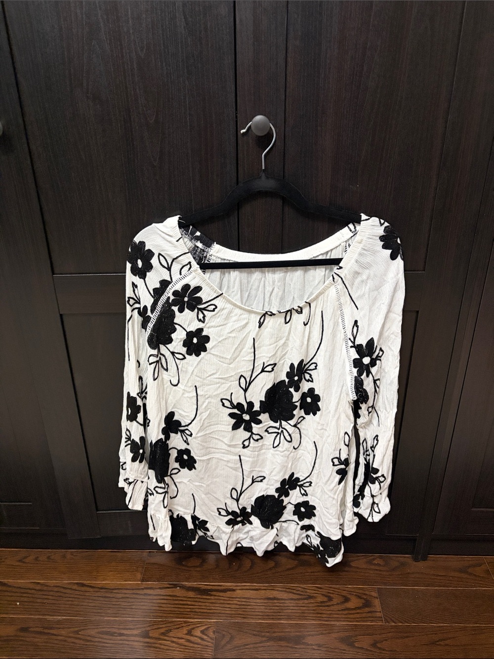 Women’s White Floral Peasant Top with Black Embroidery